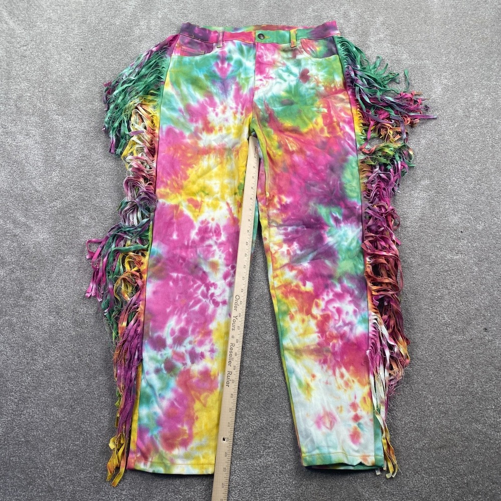 Daisy Tie Dye Fringe Straight Leg Ankle Jeans Mid Rise Plus Size 1X Multicolor - Picture 4 of 9